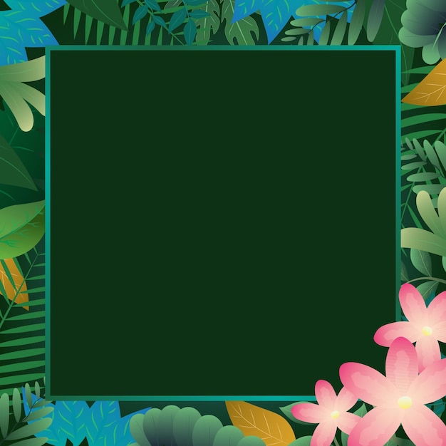 Moldura quadrada de folhas e flores tropicais em fundo verde escuro Cartões de convite de vetor à base de plantas