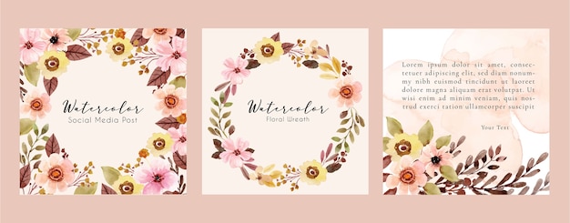 Moldura quadrada em aquarela com folhas florais rosa e marrons para postagem nas redes sociais