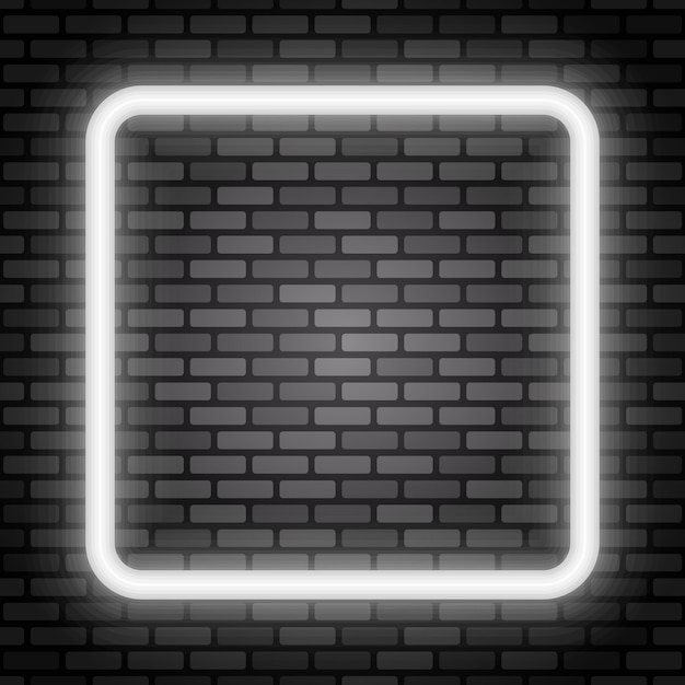 Moldura quadrada neon Elemento brilhante de cor branca na parede de tijolos escuros