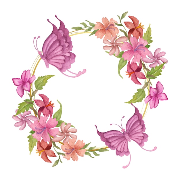 Moldura redonda de flor de primavera aquarela de estilo elegante com borboletas
