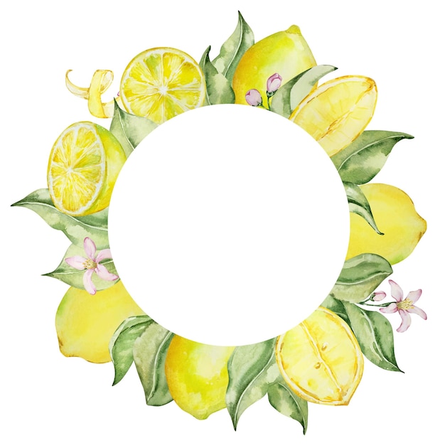 Moldura redonda de flores e folhas de limões em aquarela