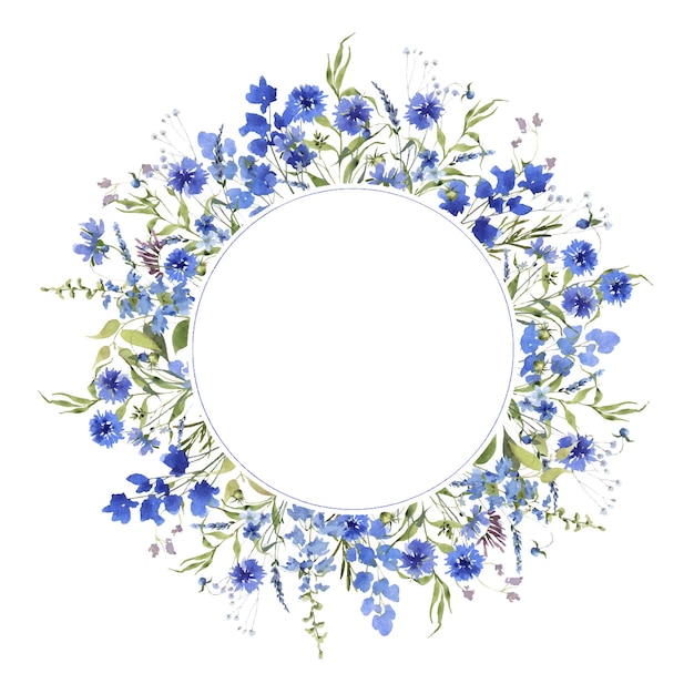 Moldura redonda de flores silvestres azuis aquarela