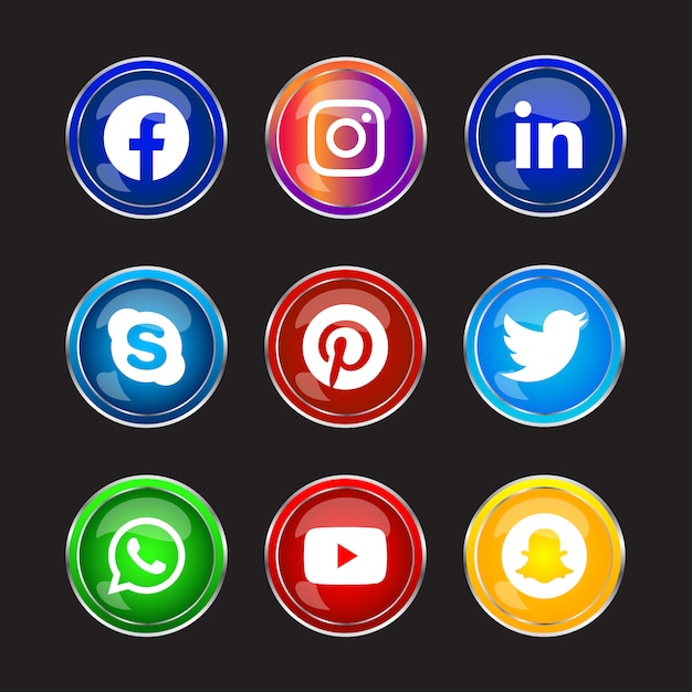 Moldura redonda de prata brilhante Botão de ícones de mídia social com efeito de gradiente definido para uso online UX UI