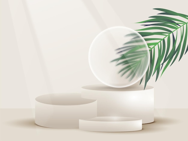 Moldura redonda de vidro sobre pódio 3D ou palco e folhas de abeto verde para publicidade de produto ou finalidade de apresentação