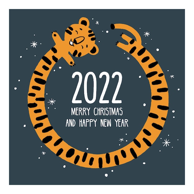 Vetor moldura redonda engraçada de natal e ano novo com um tigre em estilo cartoon