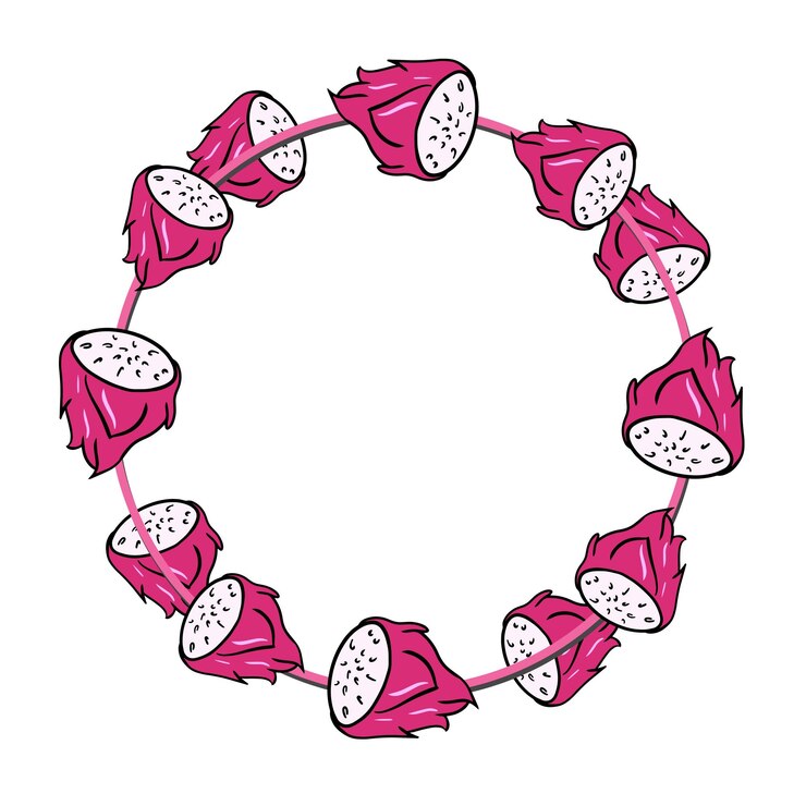 Vetor moldura redonda, metades suculentas cor-de-rosa brilhantes de desenho vetorial de espaço de cópia de fruta de dragão tropical