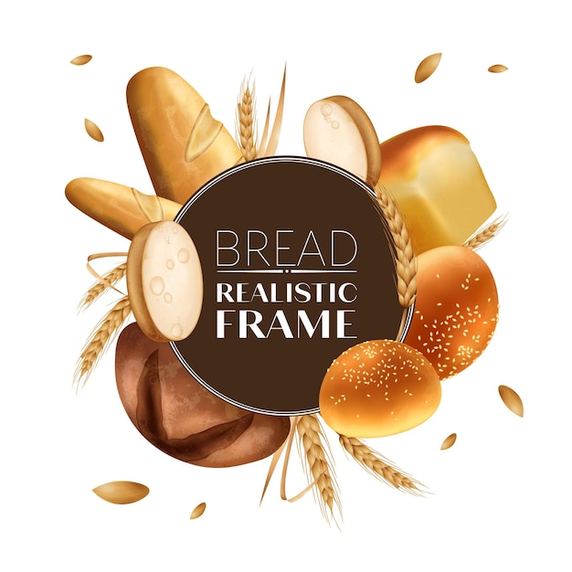 Moldura redonda realista de padaria com pães e espigas de ilustração vetorial de trigo