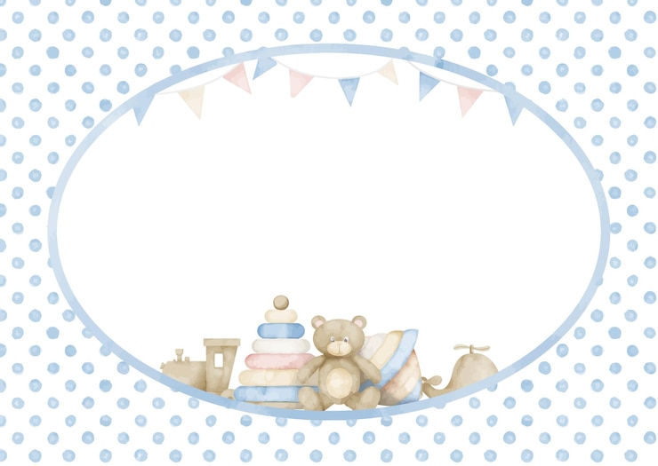 Vetor moldura retangular com brinquedos infantis para cartões ou convites para chá de bebê modelo de aquarela desenhado à mão em azul pastel e cores bege para festa de aniversário com espaço para texto para menino ou menina