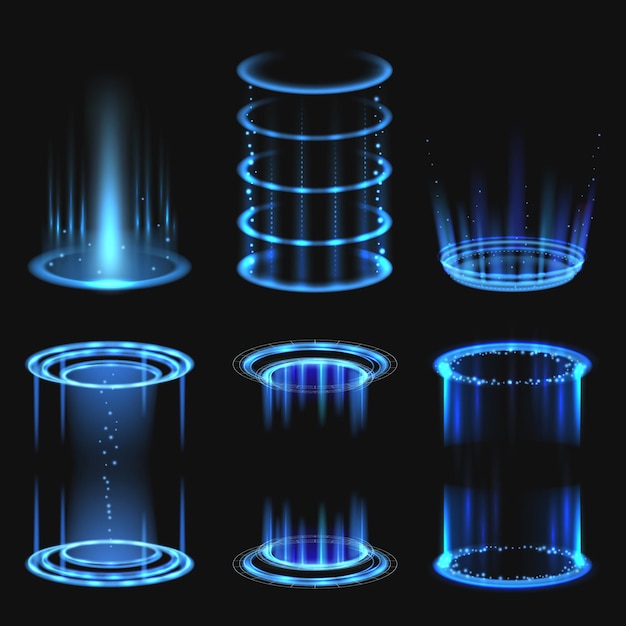 Molduras brilhantes de energia buracos futuristas fantásticos portais circulares aura de poder modelos vetoriais decentes conjunto realista