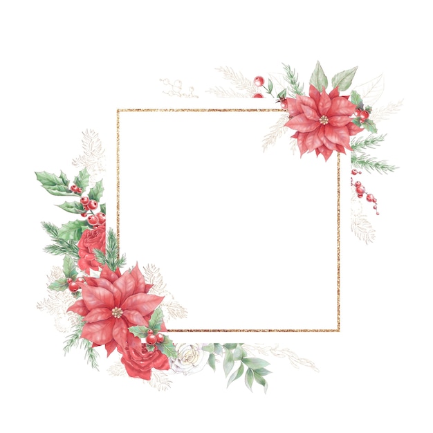 Molduras douradas de natal em aquarela com flores, rosas e poinsétia