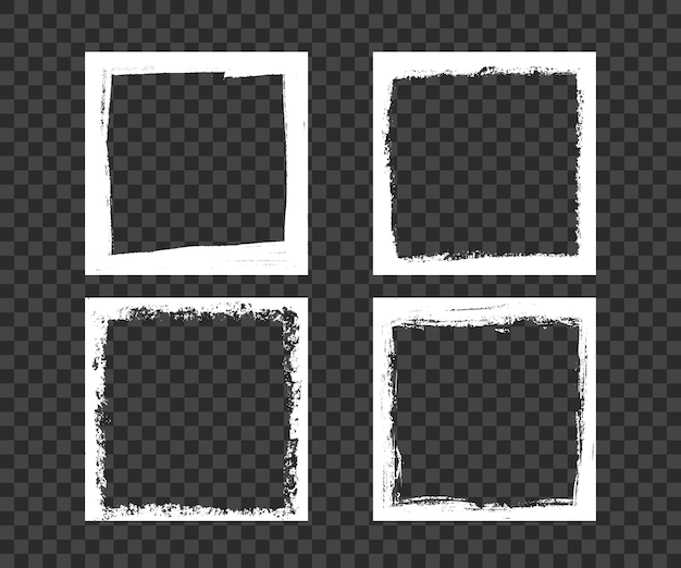 Molduras quadradas sujas de grunge. Modelo com pincelada. Borda retangular e quadrada com sobreposição de grunge. Conjunto de ilustrações vetoriais isoladas em fundo transparente