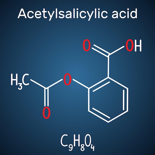 Vetor molécula de ácido acetilsalicílico aspirina asa fórmula estrutural e fundo azul escuro