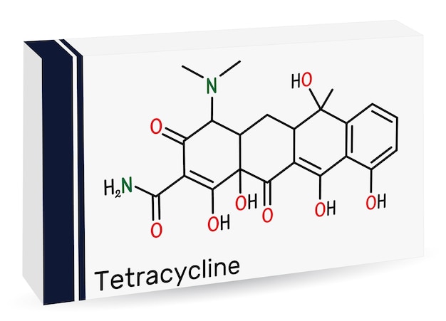 Vetor molécula de medicamento tetraciclina é um antibiótico fórmula esquelética embalagem de papel para medicamentos