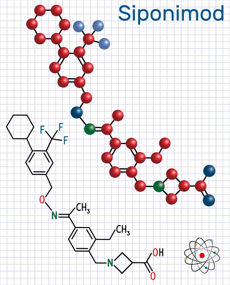 Vetor molécula moduladora de siponimod s1pr1 fórmula química estrutural e modelo molecular
