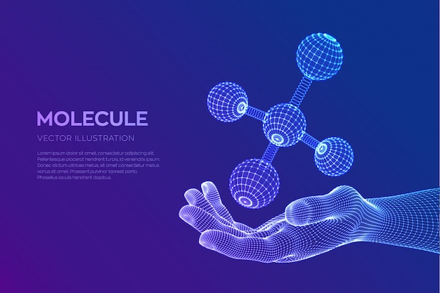 Molécula na mão. dna, átomo, neurônios. moléculas e fórmulas químicas.