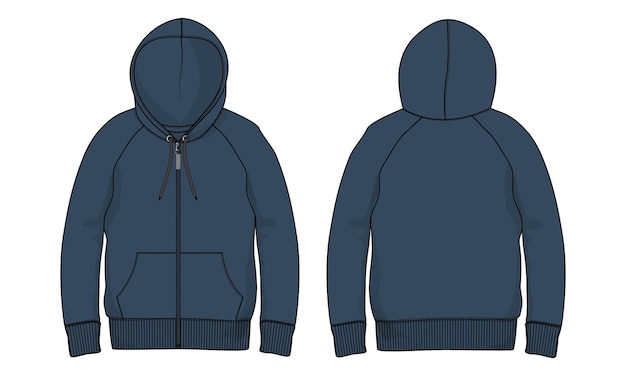 Moletom com capuz de manga comprida Técnico de moda plana esboço vetorial Ilustração Modelo de cor azul marinho
