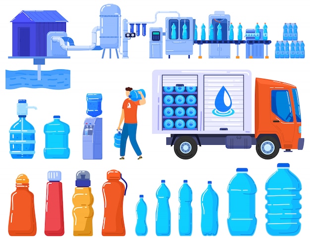 Vetor molhe garrafas da entrega, indústria logística do serviço a empresas, contaners plásticos e caminhão do grupo da água da bebida de ilustração.