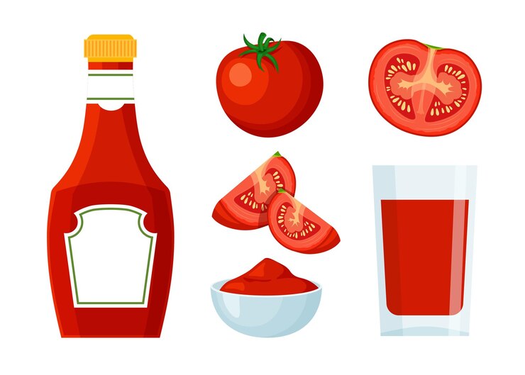 Vetor molho de suco de tomate de garrafa de ketchup em uma tigela conjunto de ícones elemento de design para seu restaurante de cartaz