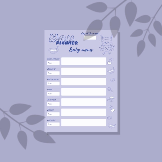 Vetor mom planner blue baby menu a4