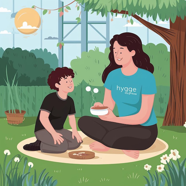 Vetor momentos cativantes hygge maternidade no jardim da primavera ilustração vetorial encantadora de mãe camiseta branca e filho desfrutando de tempo de qualidade ao ar livre perfeito para criar conteúdo agradável