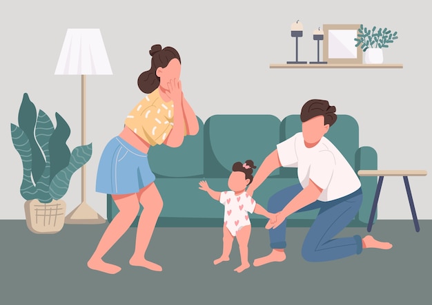 Vetor momentos felizes em família cor lisa. cuidado infantil e paternidade. bebê aprendendo a andar. personagens de desenhos animados 2d de jovem mãe, pai e filho com o interior da sala de estar no fundo