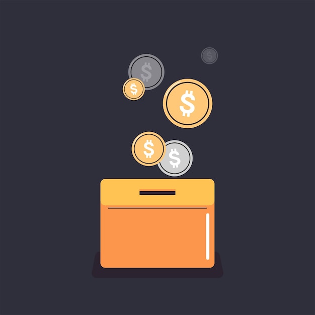 Vetor moneybox e poupança de fundos de investimento economizando moedas conceito de doação ilustração vetorial plana