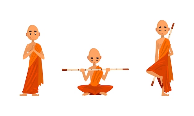Monges budistas em vestes laranjas colocam monges tailandeses meditando e orando Ilustração vetorial de desenho animado