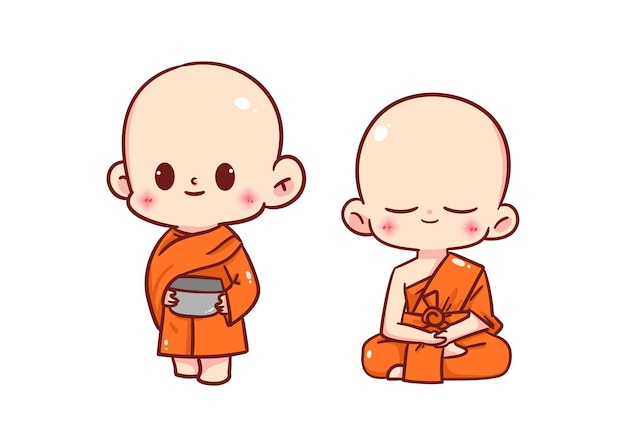 Monges budistas, personagem de desenho animado, desenho à mão, ilustração de arte