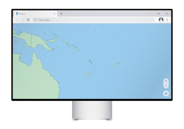 Monitor de computador com mapa de vanuatu em busca do navegador para o país de vanuatu no programa de mapeamento da web