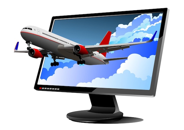 Vetor monitor de computador plano com avião de passageiros display 3d ilustração