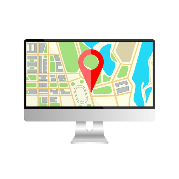 Monitor de computador realista com mapa de navegação em uma tela. Navegador GPS com pinpoint vermelho. Visualização óptica de computador isolada no fundo branco. Mock-se de equipamentos para escritório. ilustração.