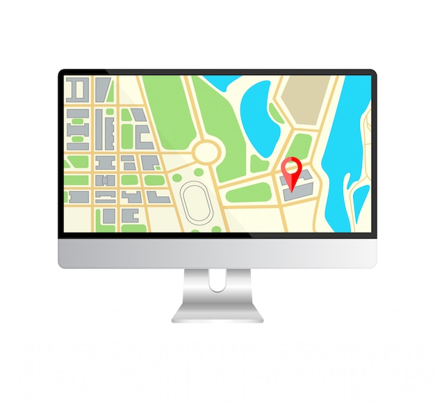 Monitor de computador realista com mapa de navegação em uma tela.