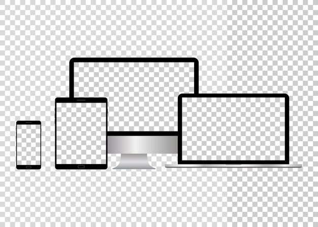 Vetor monitor de computador tablet portátil vetorial realista e modelo de telefone móvel