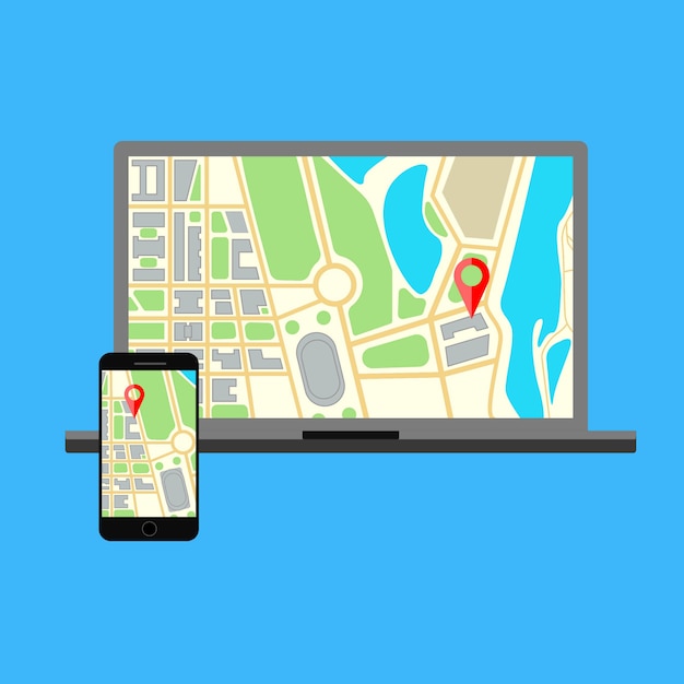 Monitor de laptop e telefone com navegação de mapa em uma tela. Visualização ótica de computador isolada no azul. ilustração.