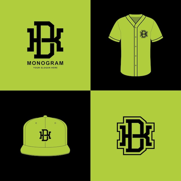 Monograma esportivo e inicial dk ou kd para roupas, vestuário em camisetas e design de maquete de snapback