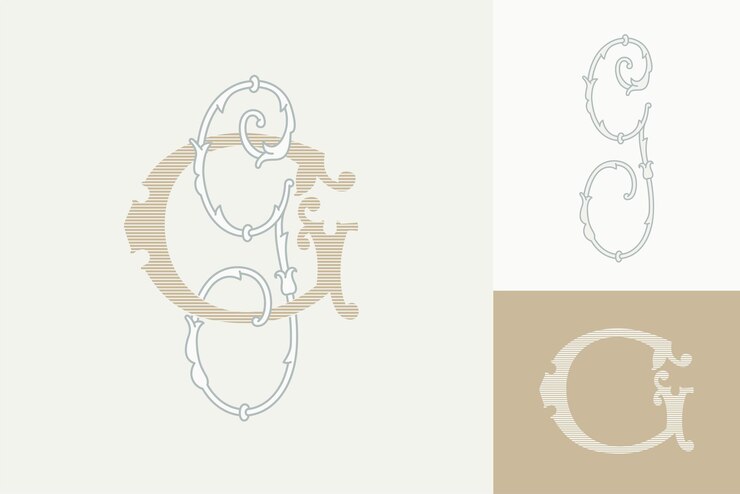 Monogramas de casamento de letra G para os nomes da noiva e do noivo Capitais largas e estreitas Iniciais com linhas finas e desenhos de folhagem exuberante
