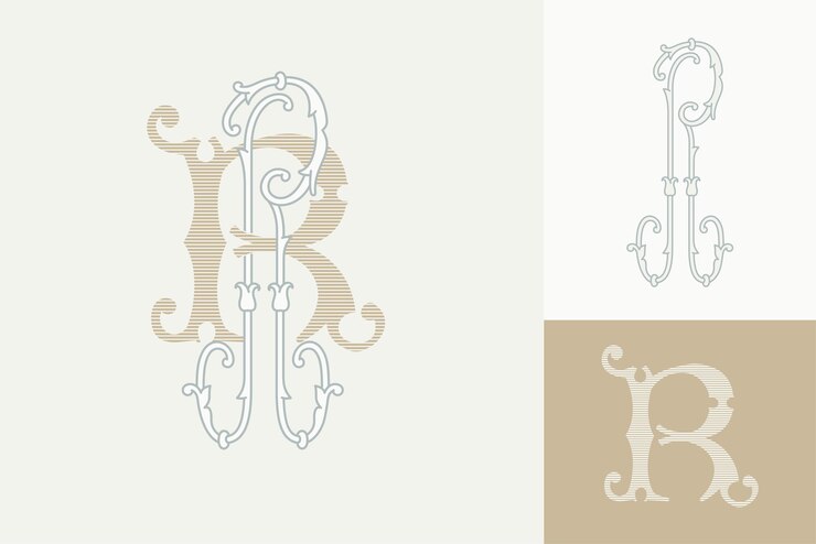 Monogramas de casamento de R para os nomes da noiva e do noivo Capitais largas e estreitas Iniciais com linhas finas e exuberantes padrões de folhagem