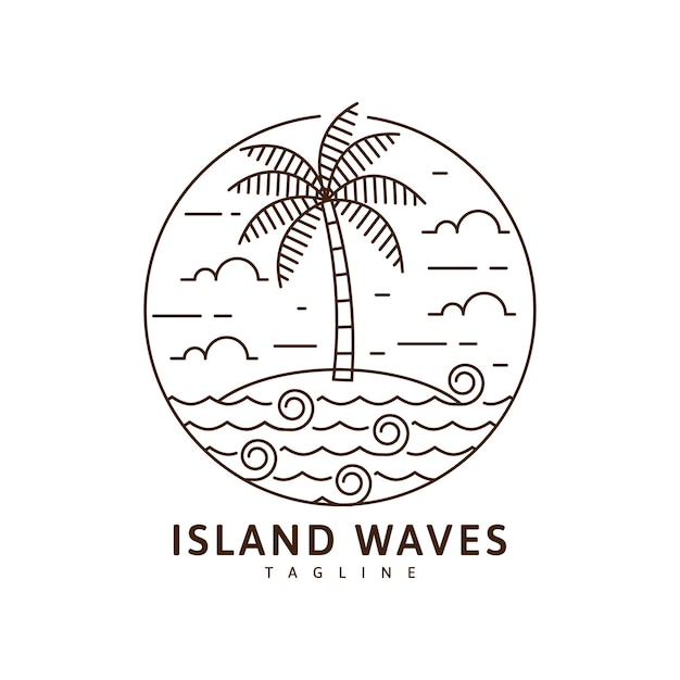 Monoline de ilustração de ilha e onda ou estilo de arte de linha