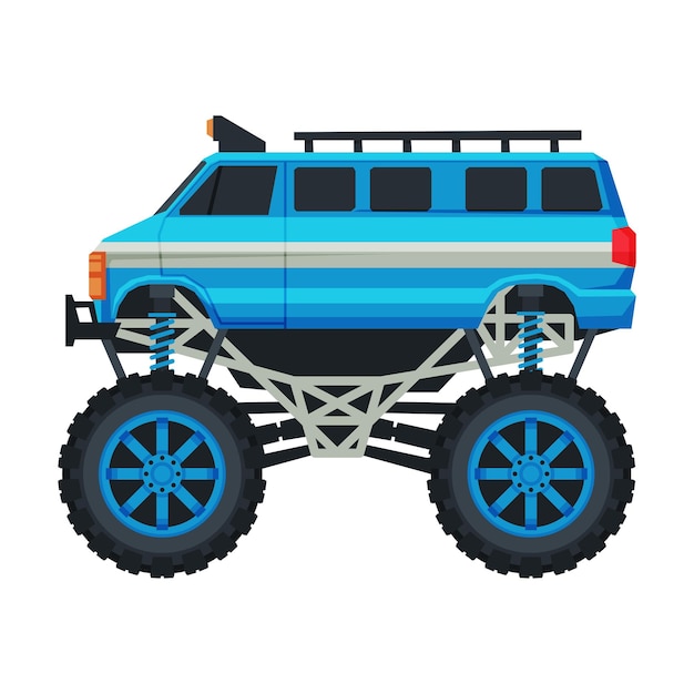Vetor monster truck vehicle heavy blue van car com pneus grandes ilustração vetorial