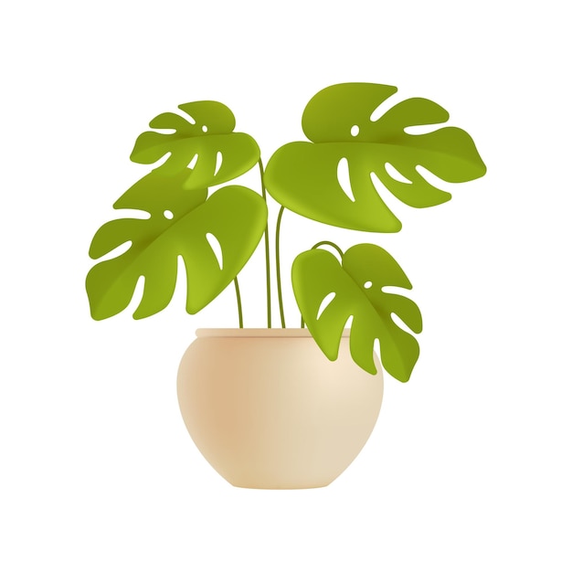 Vetor monstera na ilustração 3d do vaso de flores branco