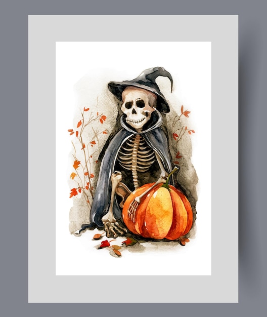 Monstro apareceu na noite de Halloween repousa sua mão óssea em abóbora em arte de aquarela impressa