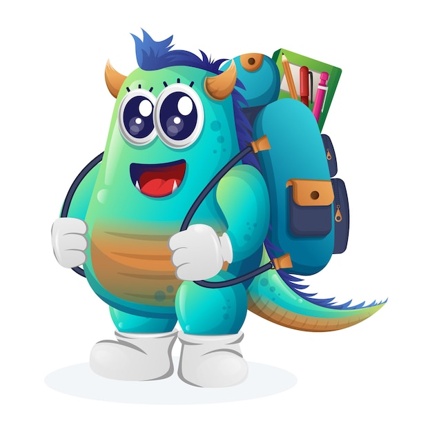 Vetor monstro azul bonito carregando uma mochila escolar de volta à escola