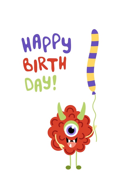 Monstro bonito com chifre e balão feliz aniversário desenho plano ilustração vetorial isolada eps 10