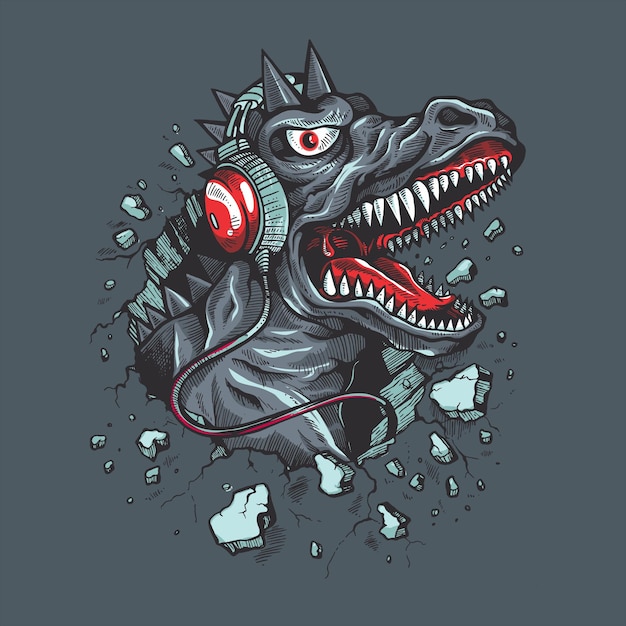Monstro com fones de ouvido tshirt impressão padrão de design vetor