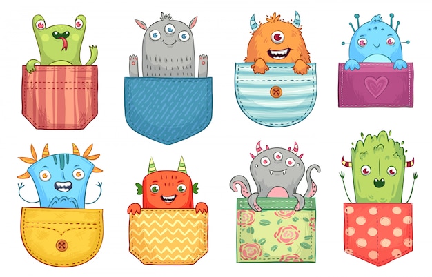 Monstro de bolso dos desenhos animados. monstros engraçados nos bolsos, criaturas assustadoras de halloween e conjunto de ilustração de monstro pequeno boo