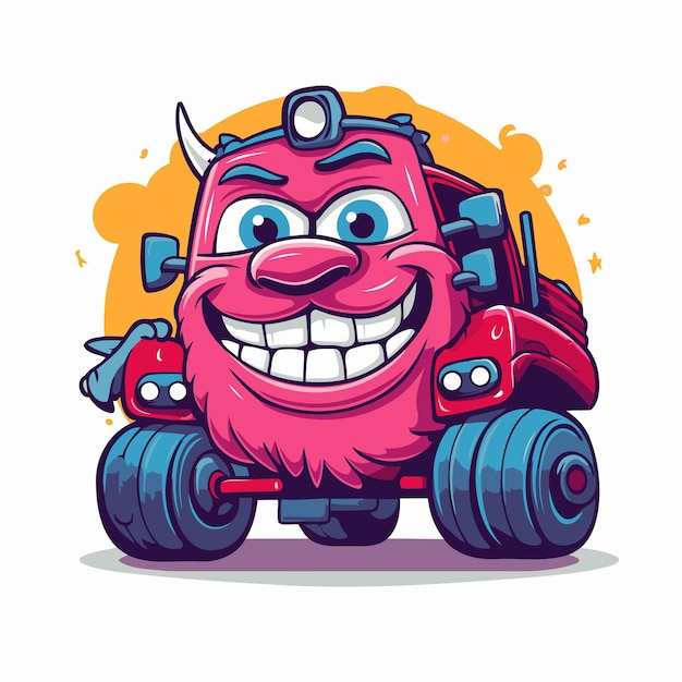 Vetor monstro de desenho animado engraçado em um carro de brinquedo vermelho ilustração vetorial