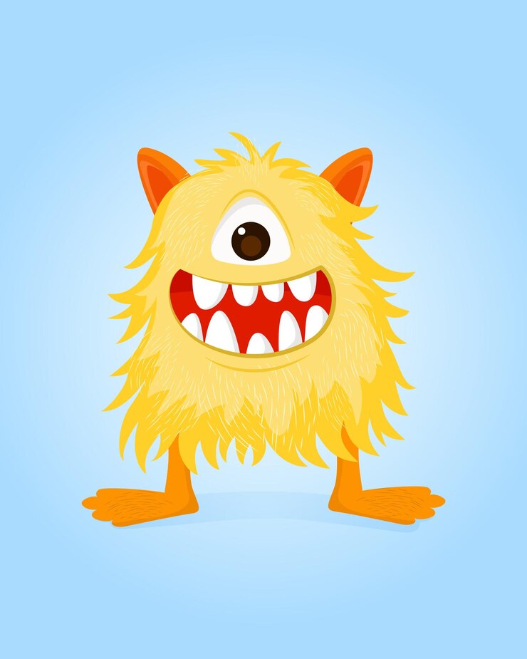 Vetor monstro de desenho animado feliz com pelo longo amarelo. ilustração em vetor isolada colorida para qualquer uso.