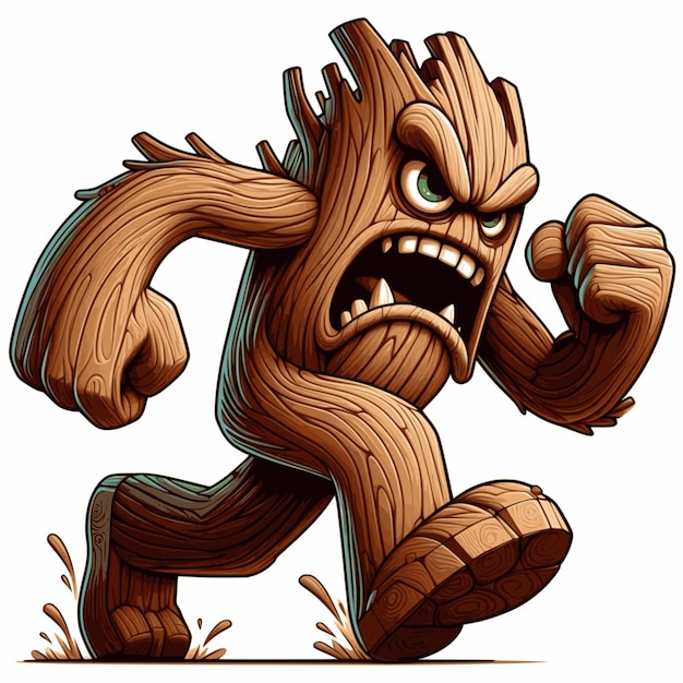 Monstro de madeira zangado correndo estilo desenho animado fundo branco