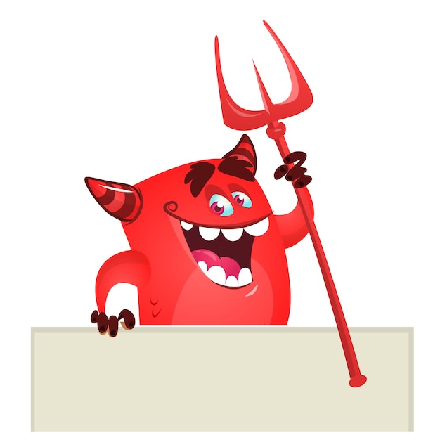Monstro do diabo vermelho dos desenhos animados segurando placa de madeira em branco ou cartaz Ilustração de personagem de monstro vetorial Design de Halloween