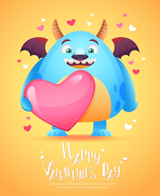 Vetor monstro dos desenhos animados com um cartão do coração de valentine